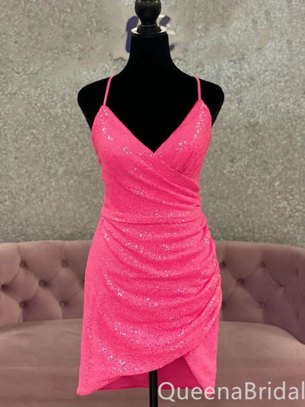 Sparkle Hot Pink Spaghetti Straps V-neck Mermaid Graduation Party Short Homecoming Dresses with Pleats ,QB0761