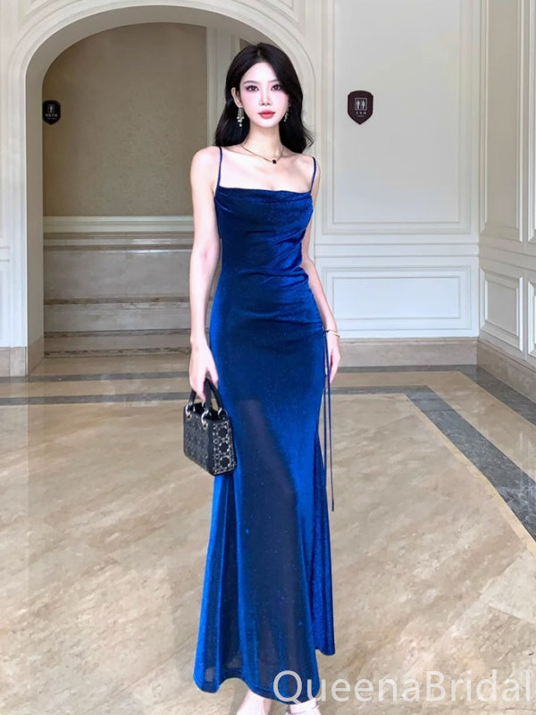 Sexy Blue Spaghetti Straps Side Slit Mermaid Long Prom Dress to Impress ,WGP1690