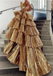 Stylish Gold Strapless A-line Tiered Party Dress Long Prom Dresses to Impress ,WGP1547