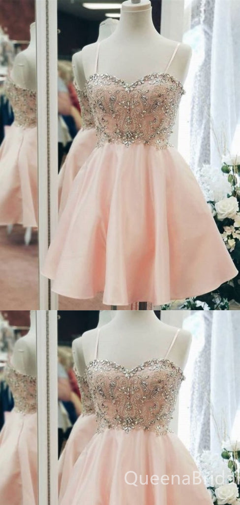 Light Pink Sweetheart Beaded A-line Spaghetti Straps Graduation Party Short Homecoming Dresses  ,QB0762