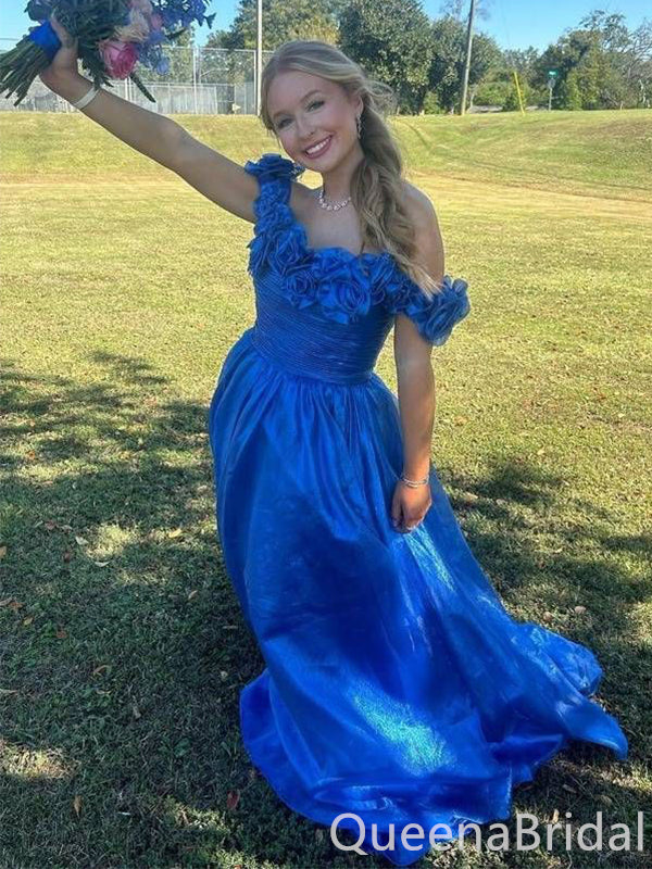 Gorgeous Blue Off Shoulder Ruffles A-line Long Party Dress Prom Dresses,WGP1730