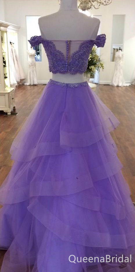 Purple Lace Appliques Off Shoulder Two Pieces A-line Layer Fluffy Evening Gown Maxi Long Evening Party Prom Dresses ,WGP1072