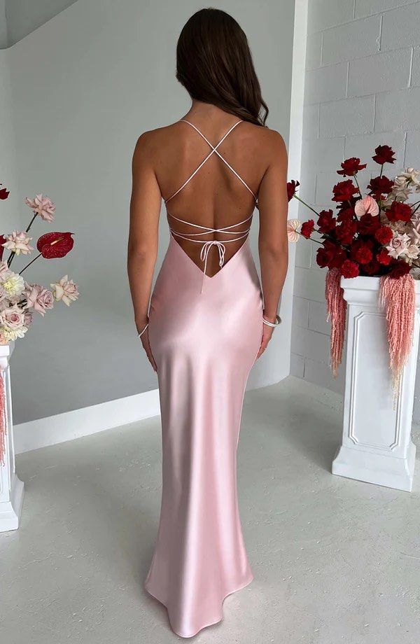 Light Pink Spaghetti Straps Lace up Back Sheath Party Dress Long Prom Dresses to Impress ,WGP1643