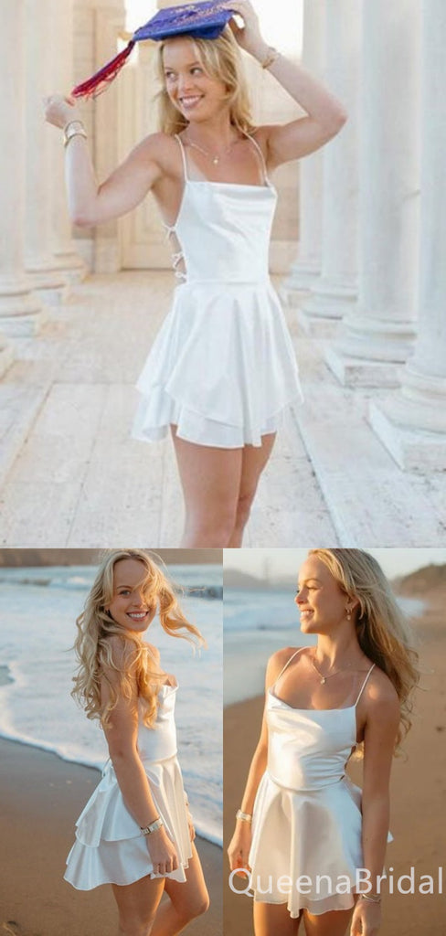 Simple White Lace Up Back Straight Neck Spaghetti Straps A-line Graduation Party Homecoming Dresses,QB0686