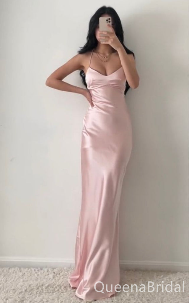 Light Pink Spaghetti Straps Lace up Back Sheath Party Dress Long Prom Dresses to Impress ,WGP1643