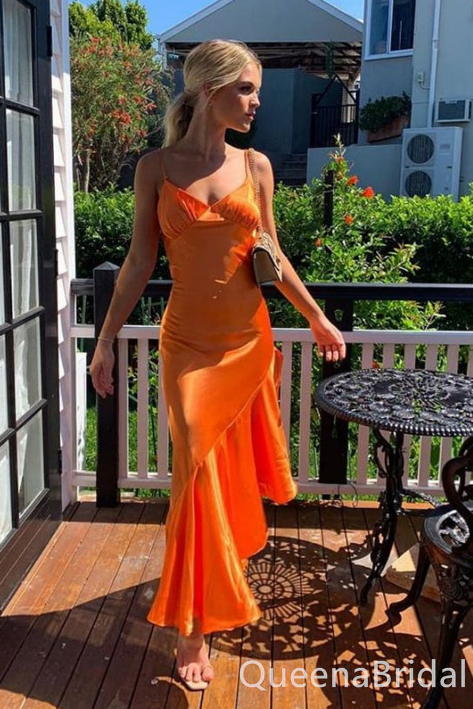 Gorgeous Orange Spaghetti Straps V Neck Satin Long Prom Dress Online ,WGP1675