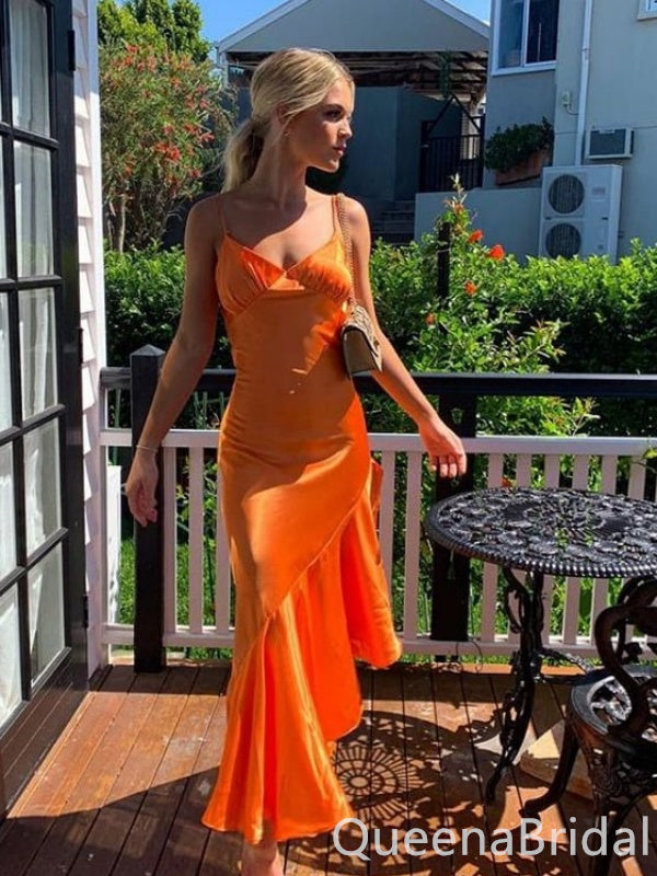 Gorgeous Orange Spaghetti Straps V Neck Satin Long Prom Dress Online ,WGP1675