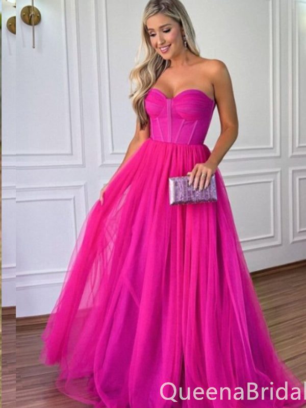 Strapless Hot Pink Sheer Corset Bodice A-line Evening Gown Maxi Long Evening Party Prom Dresses ,WGP1175