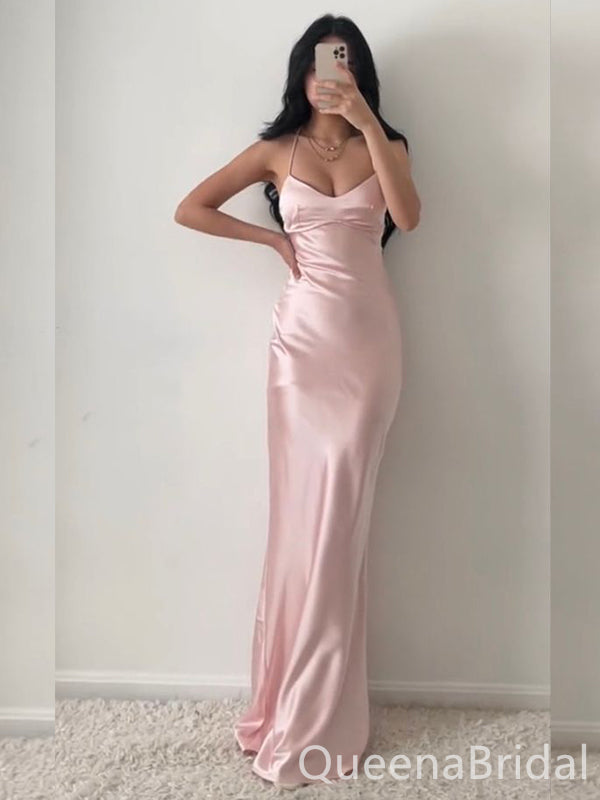 Light Pink Spaghetti Straps Lace up Back Sheath Party Dress Long Prom Dresses to Impress ,WGP1643