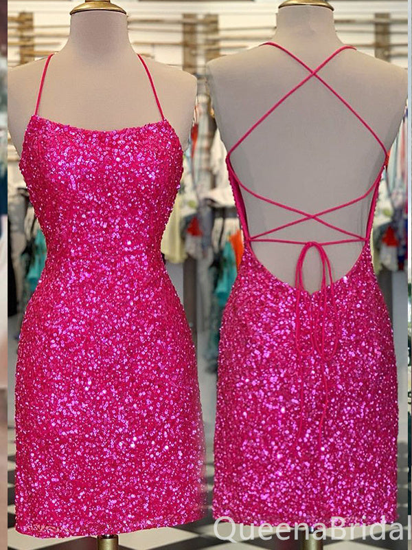 Hot Pink Straight Neck Lace Up Back Mermaid Spaghetti Straps Graduation Party Short Homecoming Dresses  ,QB0763