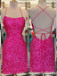 Hot Pink Straight Neck Lace Up Back Mermaid Spaghetti Straps Graduation Party Short Homecoming Dresses  ,QB0763