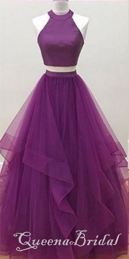 Grape Halter Two Pieces A-line Layer Fluffy Evening Gown Maxi Long Evening Party Prom Dresses ,WGP1073