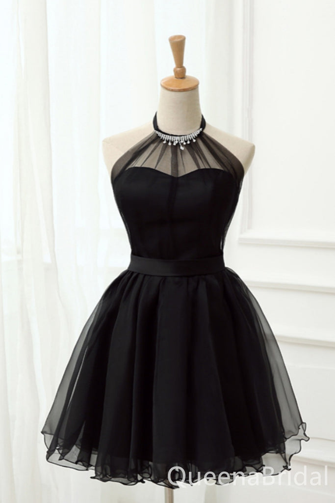 Gorgeous Halter Illusion Black A-line Graduation Party Short Homecoming Dress Formal Evening Party Dress, QB0837