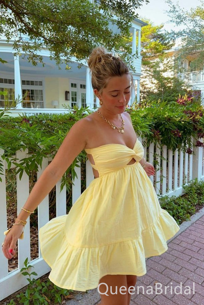 Sexy Strapless Yellow Sweetheart A-line Graduation Party Short Homecoming Dress Formal Evening Party Dress, QB0840