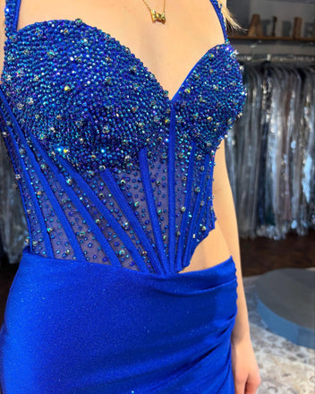 Gorgeous Blue Sweatheart Mermaid Spaghetti Strap Lace up Long Prom Dress to Impress,WGP1727