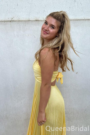 Elegant Yellow V Neck Stylish Back V Neck A-line Long Prom Dress Online ,WGP1683