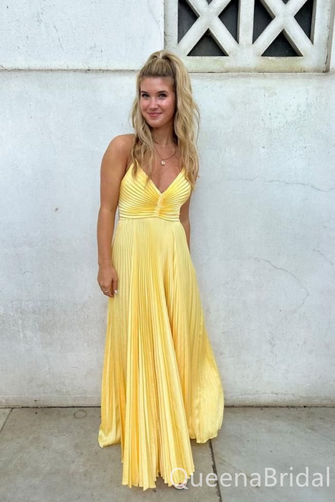 Elegant Yellow V Neck Stylish Back V Neck A-line Long Prom Dress Online ,WGP1683