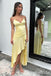 Stylish Light Yellow V Neck Spaghetti Straps Satin A-line Long Prom Dress Online ,WGP1685