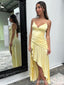 Stylish Light Yellow V Neck Spaghetti Straps Satin A-line Long Prom Dress Online ,WGP1685