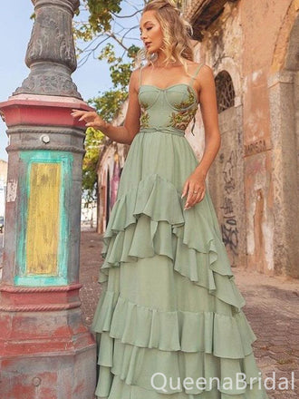 Elegant Spaghetti Straps Appliques Tiered  Evening Gown Long Prom Dresses with Ruffles,WGP659