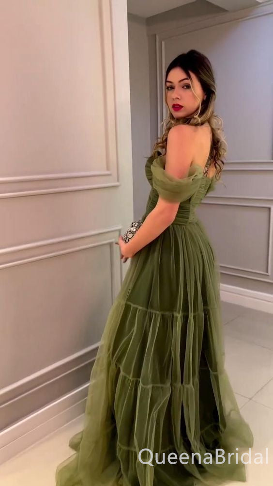 Green Strapless Off Shoulder A-line Long Prom Dresses to Impress  ,WGP1353