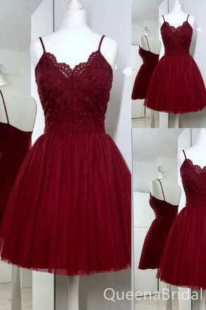 Spaghetti Straps Lace Appliques A-line Graduation Party Short Homecoming Dresses , QB0814