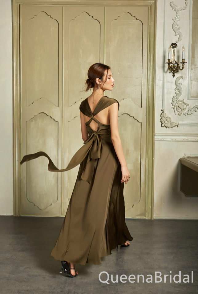 Sexy Stylish Back Design Olive Green Silk A-line Long Prom Dresses ,WGP1664