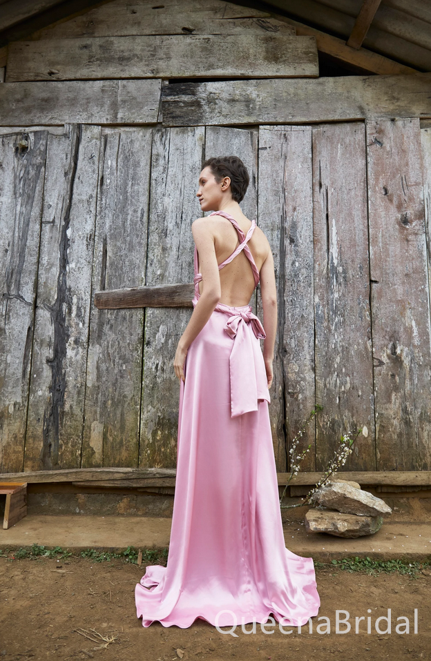 Stylish Pink V Neck Satin Side Slit A-line Long Prom Dresses Online ,WGP1667