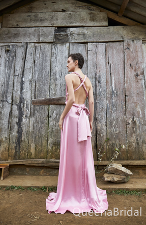 Stylish Pink V Neck Satin Side Slit A-line Long Prom Dresses Online ,WGP1667