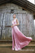 Stylish Pink V Neck Satin Side Slit A-line Long Prom Dresses Online ,WGP1667