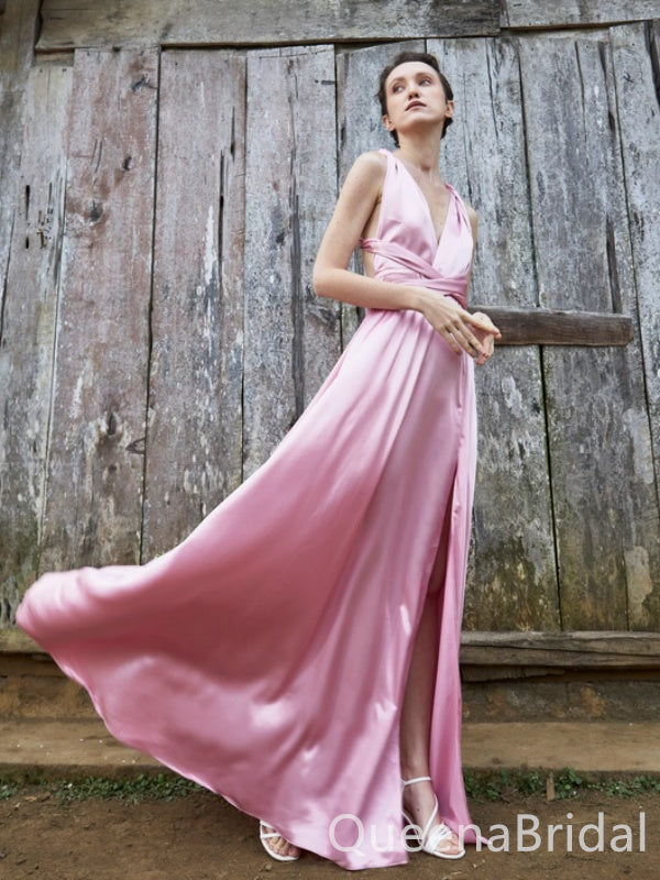 Stylish Pink V Neck Satin Side Slit A-line Long Prom Dresses Online ,WGP1667