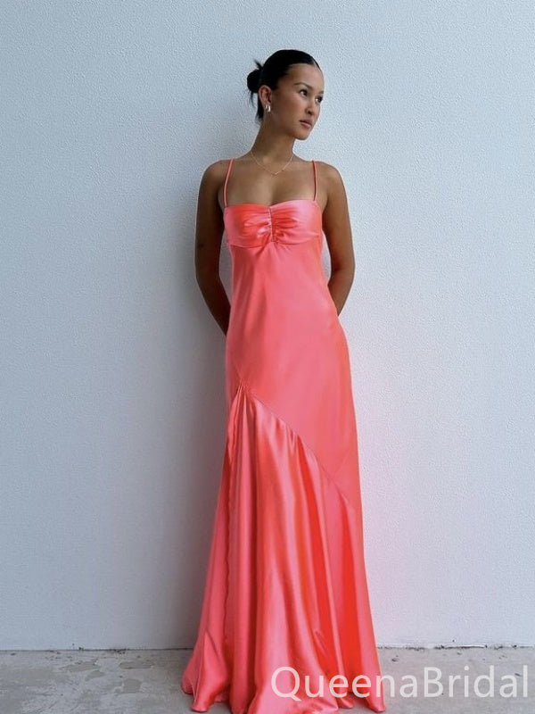 Stylish Watermelon Spaghetti Straps Satin Sheath Long Prom Dress Online ,WGP1688