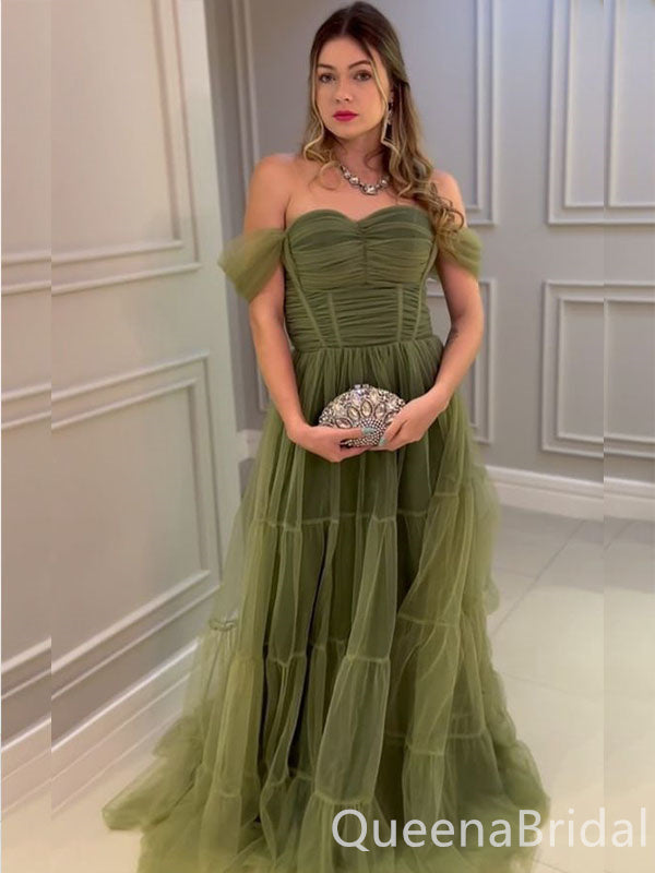 Green Strapless Off Shoulder A-line Long Prom Dresses to Impress  ,WGP1353