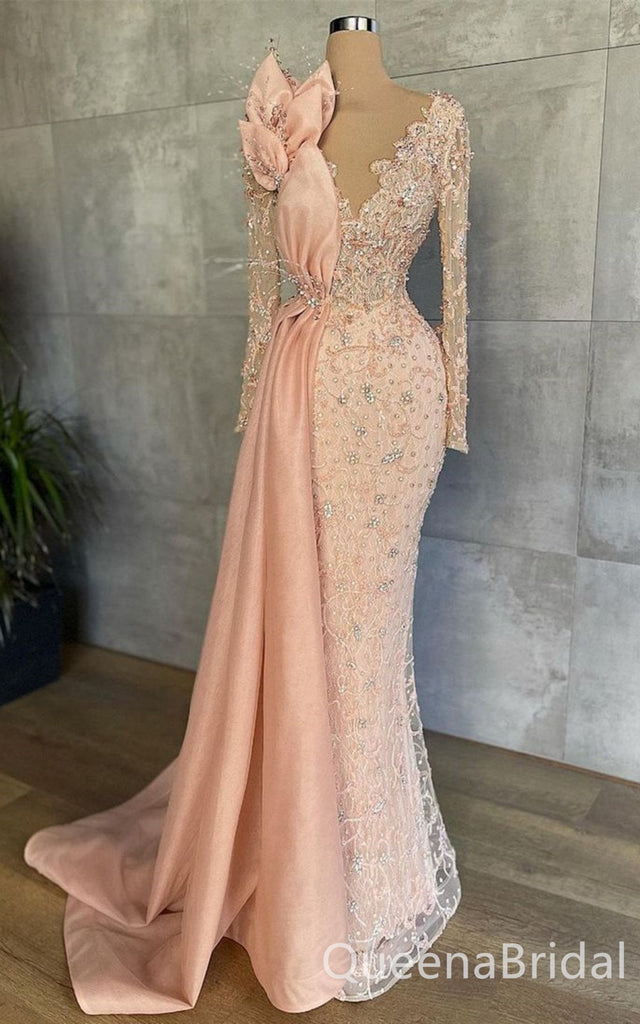 Blush Lace Appliques Plunging Beaded Long Sleeves Evening Gown Long Evening Party Prom Dresses  ,WGP1260