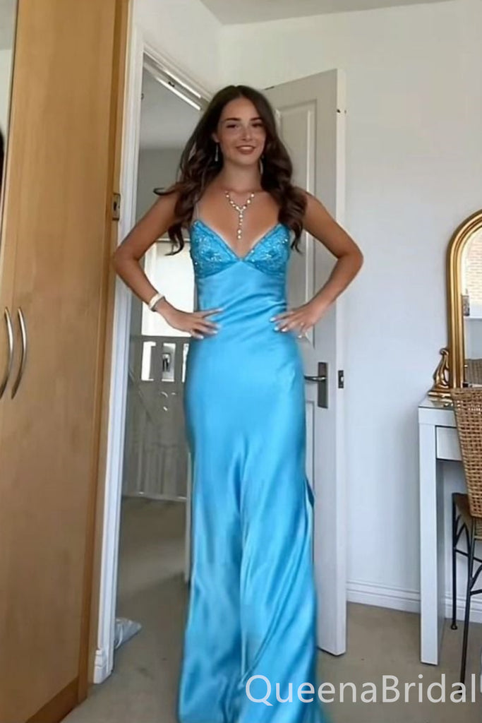 Blue V Neck Sheath Party Dress Long Prom Dresses to Impress ,WGP1474