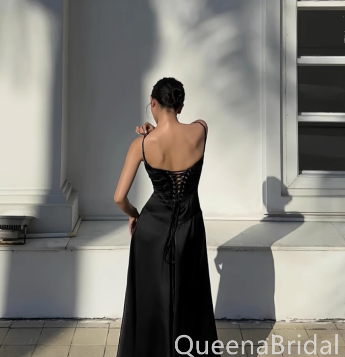 Elegant Black Spaghetti Straps Lace up Back Satin A-line Long Prom Dress Online ,WGP1671