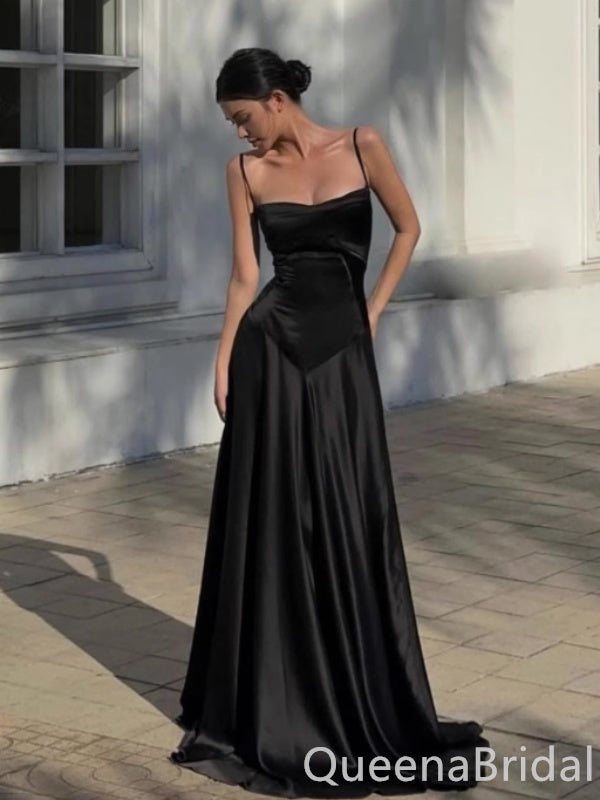 Elegant Black Spaghetti Straps Lace up Back Satin A-line Long Prom Dress Online ,WGP1671