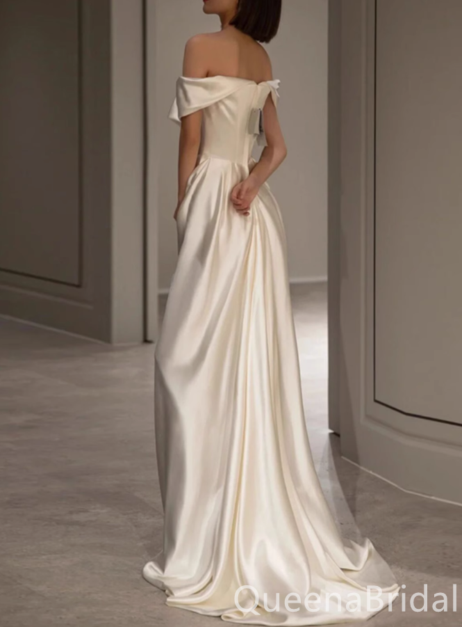 Elegant Ivory Off the Shoulder Satin Sheath Long Prom Dress Online ,WGP1670