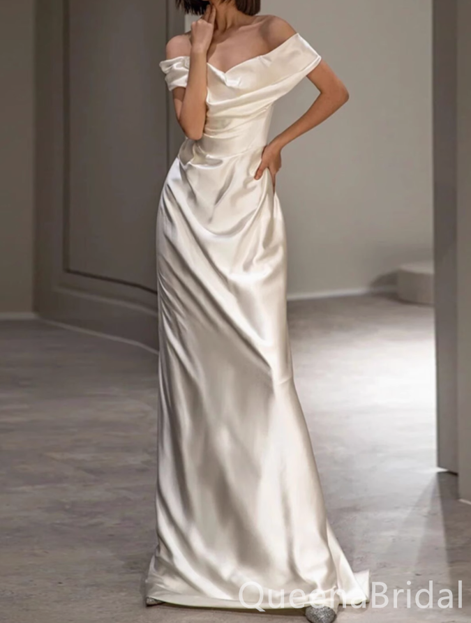 Elegant Ivory Off the Shoulder Satin Sheath Long Prom Dress Online ,WGP1670