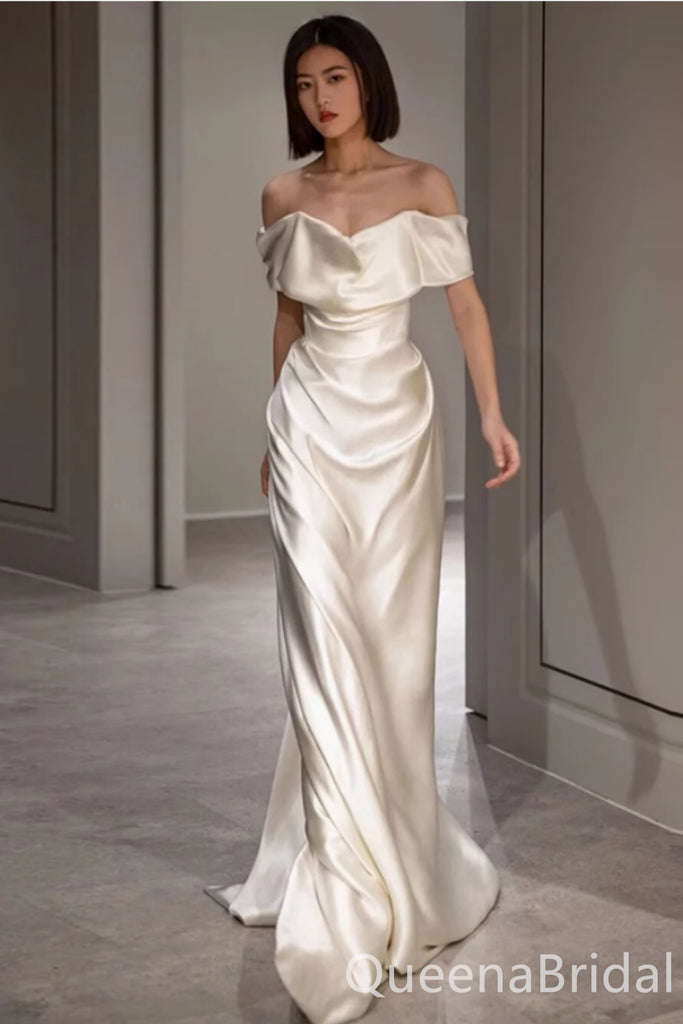 Elegant Ivory Off the Shoulder Satin Sheath Long Prom Dress Online ,WGP1670