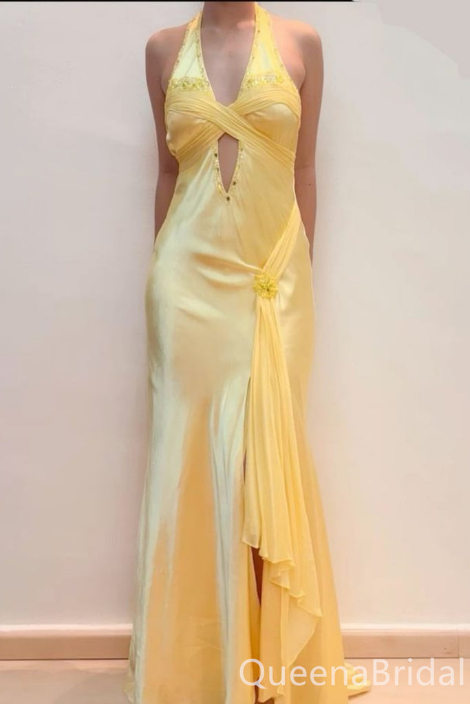 Elegant Light Yellow Front Slit Mermaid Sleeveless Long Prom Dress to Impress ,WGP1692