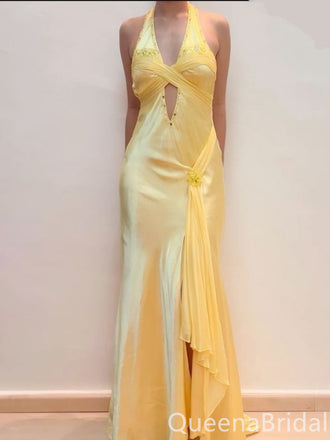 Elegant Light Yellow Front Slit Mermaid Sleeveless Long Prom Dress to Impress ,WGP1692