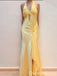 Elegant Light Yellow Front Slit Mermaid Sleeveless Long Prom Dress to Impress ,WGP1692