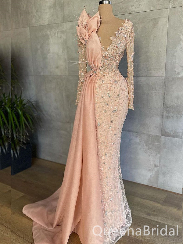 Blush Lace Appliques Plunging Beaded Long Sleeves Evening Gown Long Evening Party Prom Dresses  ,WGP1260