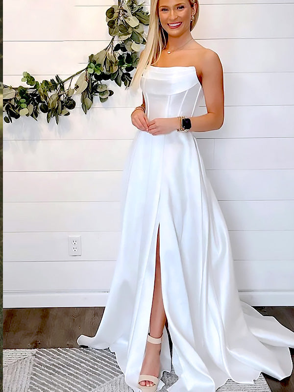 Elegant White Strapless Pleats A-Line Side Slit Long Wedding Dresses,WGP207