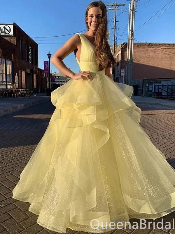 Light Yellow Layer A-line V-neck Fluffy Evening Ball Gown Maxi Long Formal Dresses Prom Dresses,WGP985