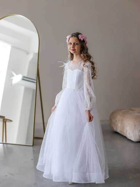 Elegant White Tulle Lace Appliques Beading A-Line Cheap Simple Long Flower Girl Dresses, FGS0047