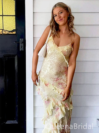 Elegant Yellow Spaghetti Strap Ruffles Colorful Beach Prom Dresses,WGP489