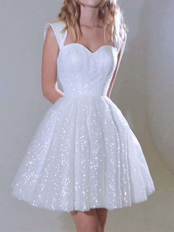 Elegant White Sweetheart Off Shoulder Tulle Sequin A Line Short Homecoming Dresses,QB0397