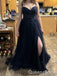 Sexy Black Spaghetti Strap A-Line Side Slit Long Evening Gown Prom Dresses,WGP417
